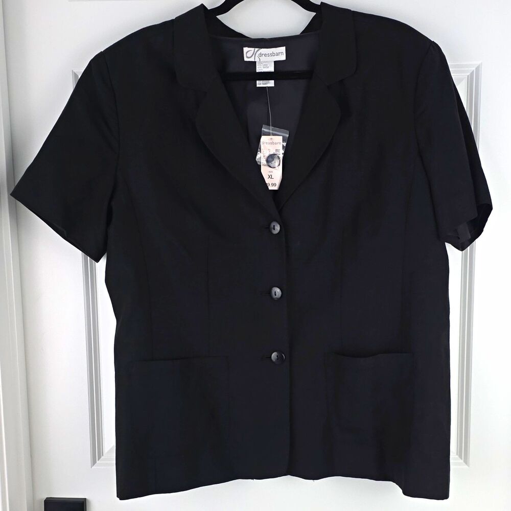 dressbarn Women's Linen Blend Black Short Sleeve Button Front Blazer Jacket XL